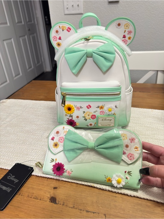 Loungefly Handbags - Loungefly Mint Green and White Floral Bow Kids Mini Backpack & Wallet Set